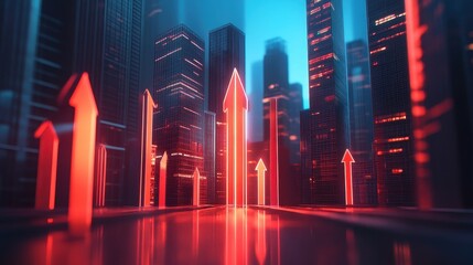 Real estate investment, skyscrapers with profit arrows, 3D illustration. 
