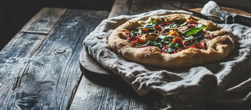 Freshly baked pizza with vegetables on rustic wooden table with textured background and copy space for text.