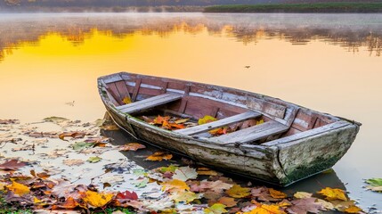 Fototapeta premium Serene Autumn Scene with a Rustic Boat Surrounded by Colorful Leaves at Sunrise on a Tranquil Lake