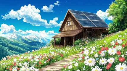 Charming Wooden House Surrounded by Vibrant Flowers and Showcasing Solar Panels in a Lush Mountain Landscape