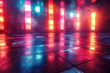 Neon lights reflect on wet floor, futuristic club background