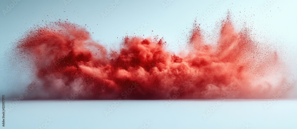 Poster red powder explosion creating an abstract cloud on a light background with ample copy space for text