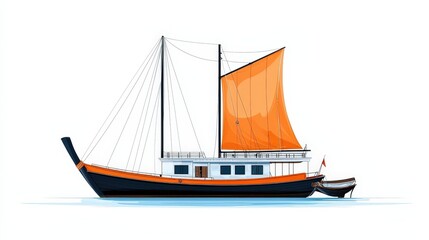 Obraz premium Traditional Sailing Boat with Orange Sail on Calm Water Background for Maritime Illustrations