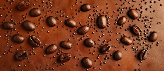 Coffee beans scattered on a brown textured surface with small droplets creating an abstract composition Copy Space