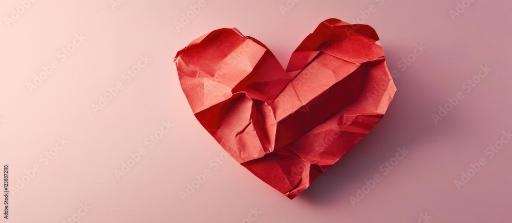 Poster crumpled red paper heart on a soft pink background with ample copy space for text or messages