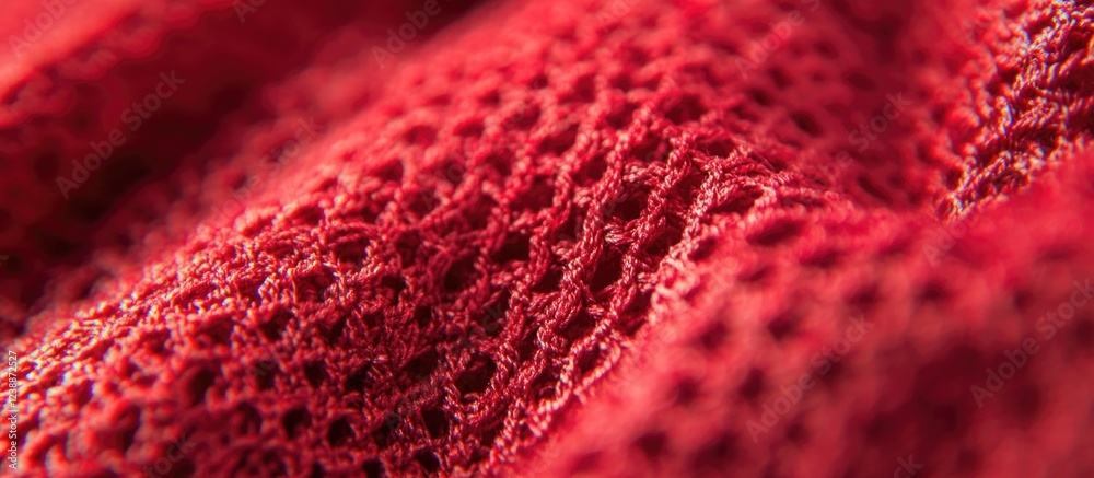 Poster textured red fabric close-up with intricate weave patterns and soft folds, ideal for showcasing text