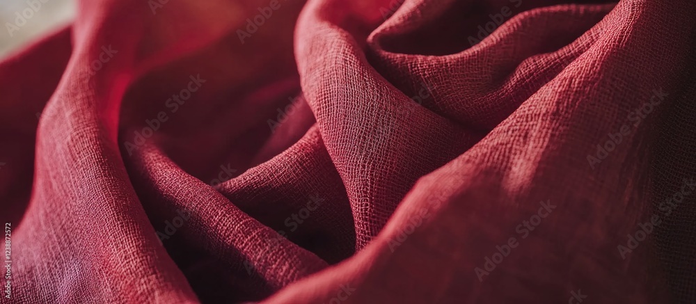 Poster red textured fabric draped in soft folds creating a warm and inviting background with copy space for