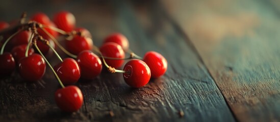 Fresh red cherries on a rustic wooden surface with a soft focus background and copy space for text