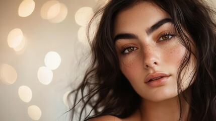 candid portrait of a young woman with natural makeup and windswept hair, bathed in golden hour light against a creamy backdrop with soft bokeh effects