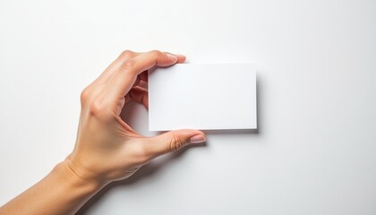 Obraz premium A hand holds a blank white card, offering a clean, minimalist aesthetic.