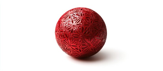 Red decorative sphere with intricate geometric patterns on a white background with copy space.