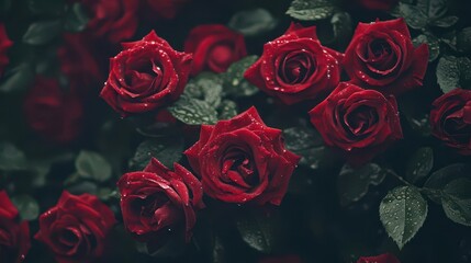 cascading fresh red roses creating an elegant repeating pattern, dramatic overhead view, soft natural lighting highlighting velvet petals, rich crimson tones with morning dew