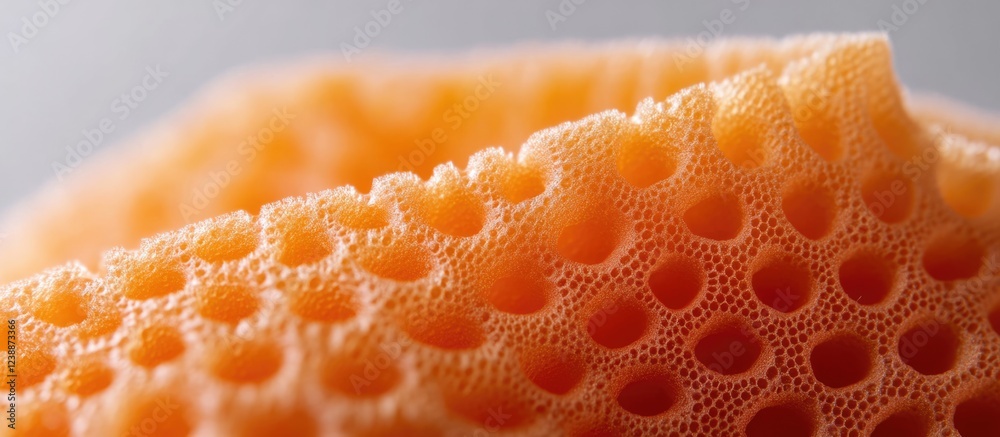 Poster orange sponge texture with visible pores and soft surface details isolated on gray background with c