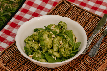 Close-up picture of homemade italian pasta with green sauce made with fresh spinach and pine nuts.
