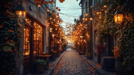 Obraz premium charming european cobblestone alley at twilight, string lights twinkling overhead, ivy-covered walls, vintage lanterns, warm cafe windows glowing, autumn leaves scattered