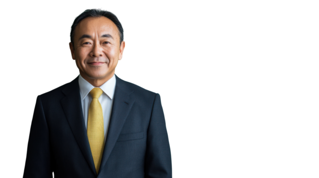 Smiling senior asian businessman wearing suit and tie on transparent background