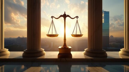 classical marble courthouse columns framing golden scales of justice, dramatic lighting creating deep shadows, with floating legal documents and modern city skyline in background