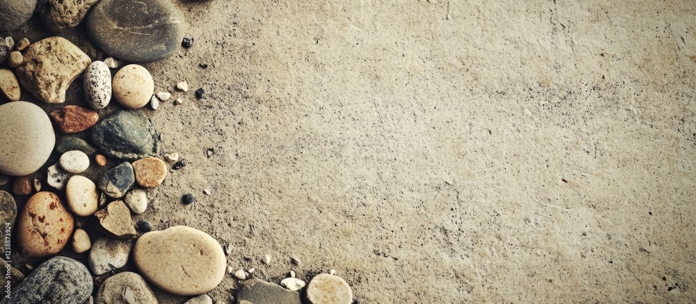 Poster textured surface with assorted pebbles arranged along the edge providing natural elements and ample 