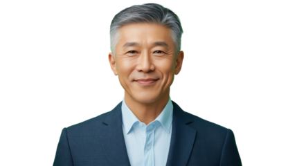 Smiling senior asian businessman looking at camera on transparent background