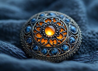 Intricately Designed Brooch with Amber Stone, Blue Beads, and Ornate Metalwork on Dark Fabric

