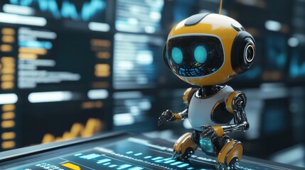 Fototapeta premium Smart investments, robotic assistant analyzing stocks, 3D illustration.