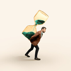 A man in a suit carries a huge hourglass. Art collage.