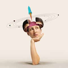 A woman launches a rocket from her brain. Art collage.