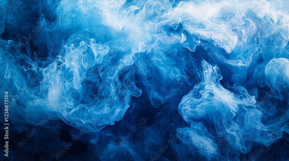 Poster ethereal blue mist spirals through the air, gently floating above calm waters, creating a serene amb