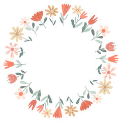 Floral round frame, wreath with colorful decorative flowers. Vector flat style illustration in pastel colors. Perfect for greeting cards, invitations, seasonal banners, and holiday designs. 
