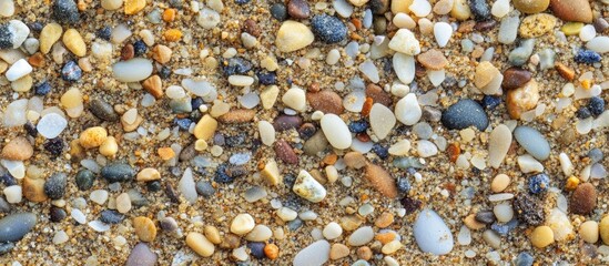 Colorful beach sand and pebbles texture background detailed view with various shapes and sizes of grains Copy Space