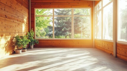 Bright sunroom with unfinished wooden walls and a concrete floor, full of potential. pic