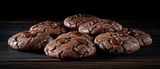 Obraz premium Chocolate cookies arranged on a wooden surface with a dark background showcasing a glossy texture and melted chocolate chips Copy Space