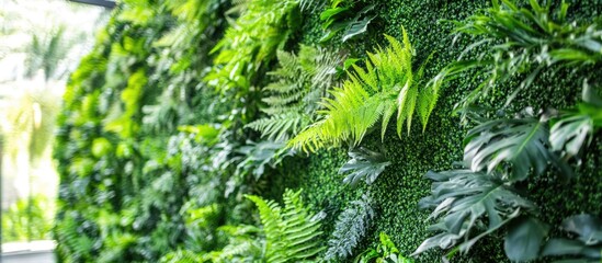 Obraz premium Vertical green garden wall with various lush tropical plants and ferns.