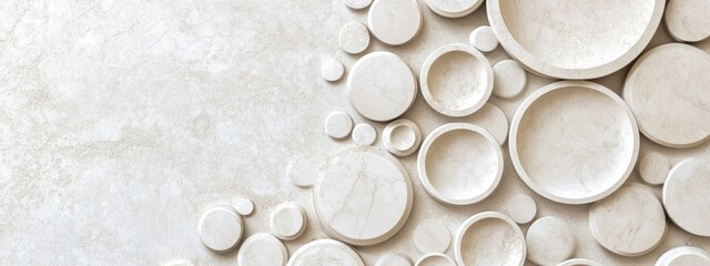 Abstract Arrangement of White Circular Plates on Light Background with Copy Space