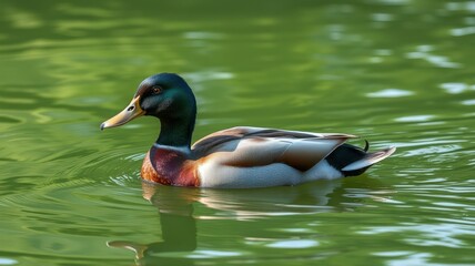 Obraz premium Mallard duck gliding gracefully on a serene pond during a bright sunny day