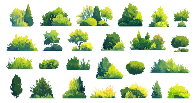 Flat bushes. Green summer plants shrubbery tree, environment landscape eco element for park forest set vector illustration