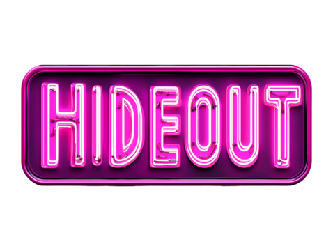 Pink neon 'Hideout' Sign isolated on transparent background, PNG, cut out