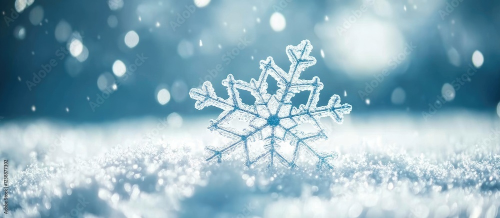 Wall mural closeup of single snowflake on snow with blurred bokeh background