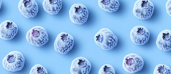 Frozen blueberries on blue background arranged in a pattern with copy space for text. High-quality food photography.