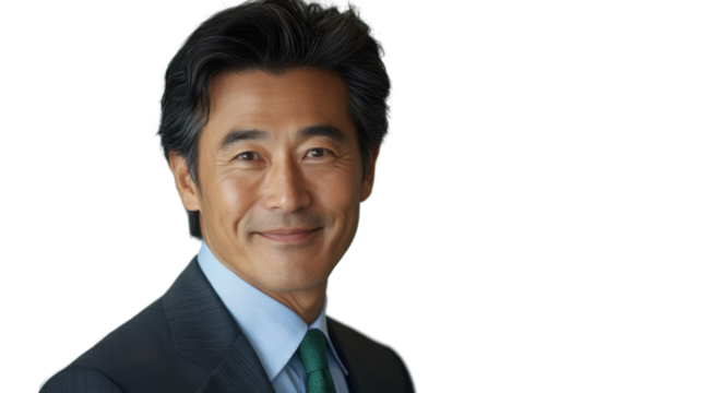 Smiling asian businessman wearing suit and tie on transparent background