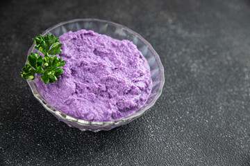 purple mashed potatoes fresh tasty food dish delicious gourmet food background on the table rustic food top view copy space keto and paleo diet Vegetarian and vegan food