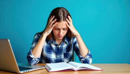 Frustrated student struggles with studies, overwhelmed by books and laptop.