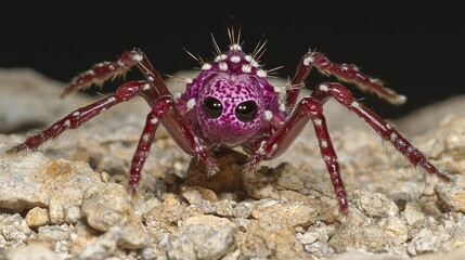 Fototapeta premium Pink spider on rocks, close-up. Macro photography for nature articles