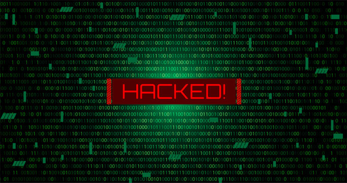 cyber hack notification alert in green matrix binary data falling with corrupted data lines background banner template