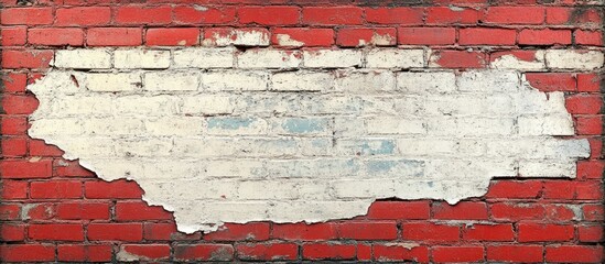 Aged red brick wall with peeling white paint and weathered texture