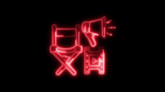Glowing neon Movie Director icon isolated on black background. HD Video motion graphic animation