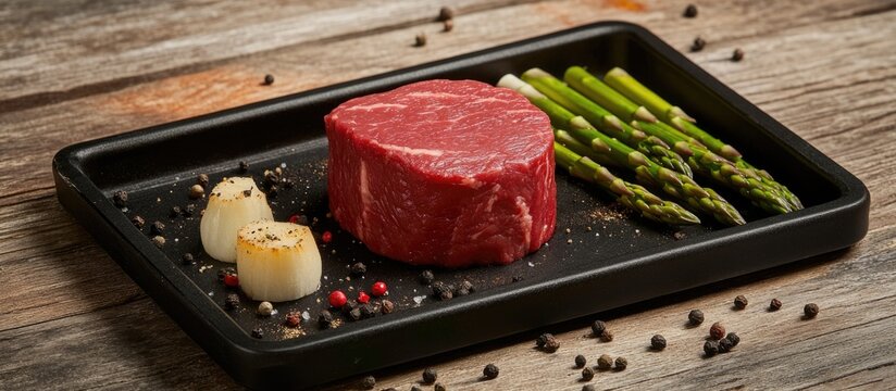 Raw beef steak with asparagus and scallions on a black tray with various spices on a wooden surface Copy Space - Powered by Adobe