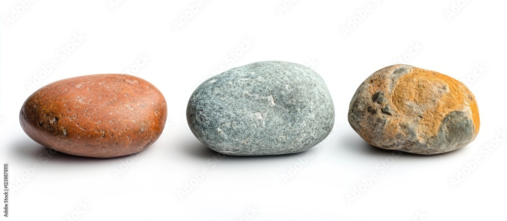 Poster three different smooth stones in various colors arranged on a white background with copy space for t