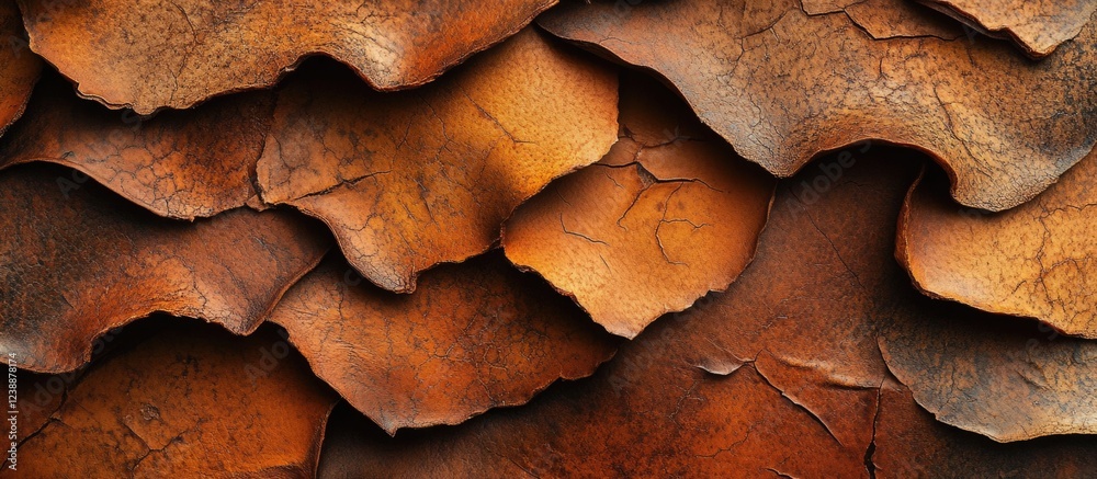 Poster textured close-up of layered old leather with natural color variations and cracks ideal for backgrou