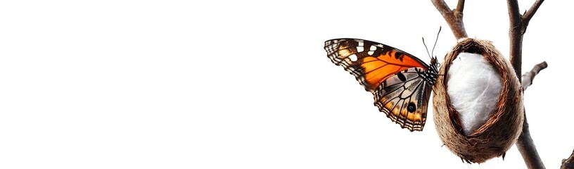 Naklejka premium A vibrant butterfly perched on a branch near its cocoon, showcasing nature's transformation
